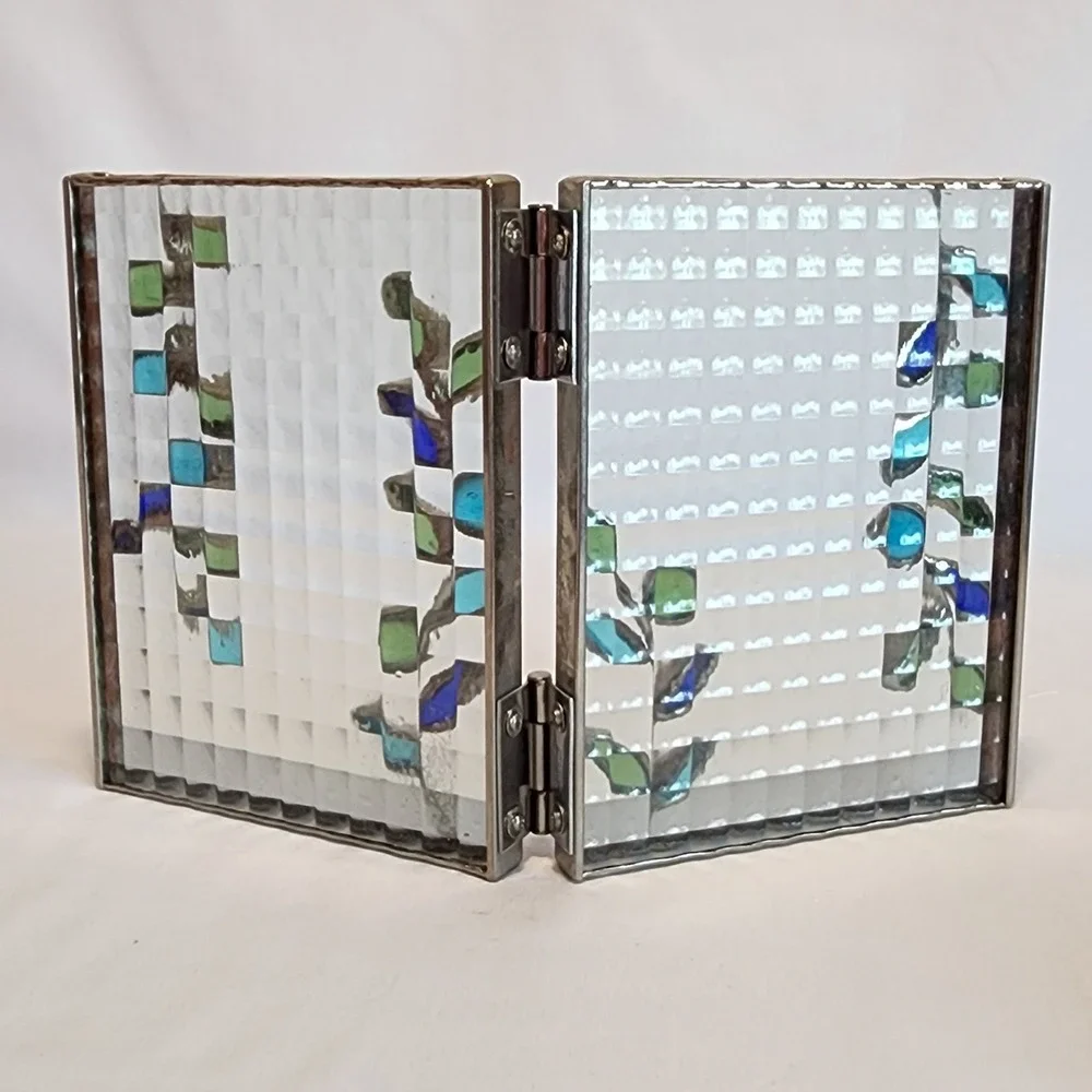 Stained Glass Double Picture Frame Blue Green Botanical Vine Leaf Hinged 5x7